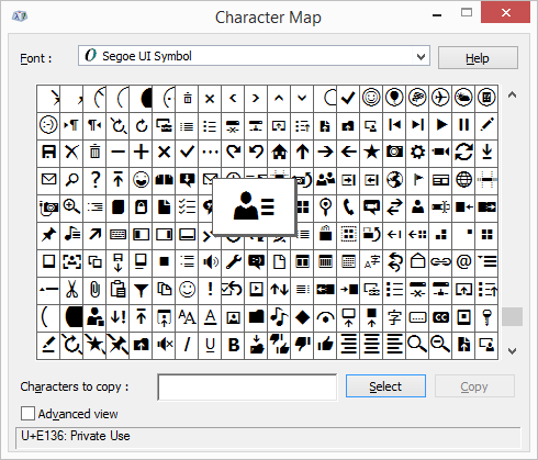 Character Map tool showing Segoe UI Symbol